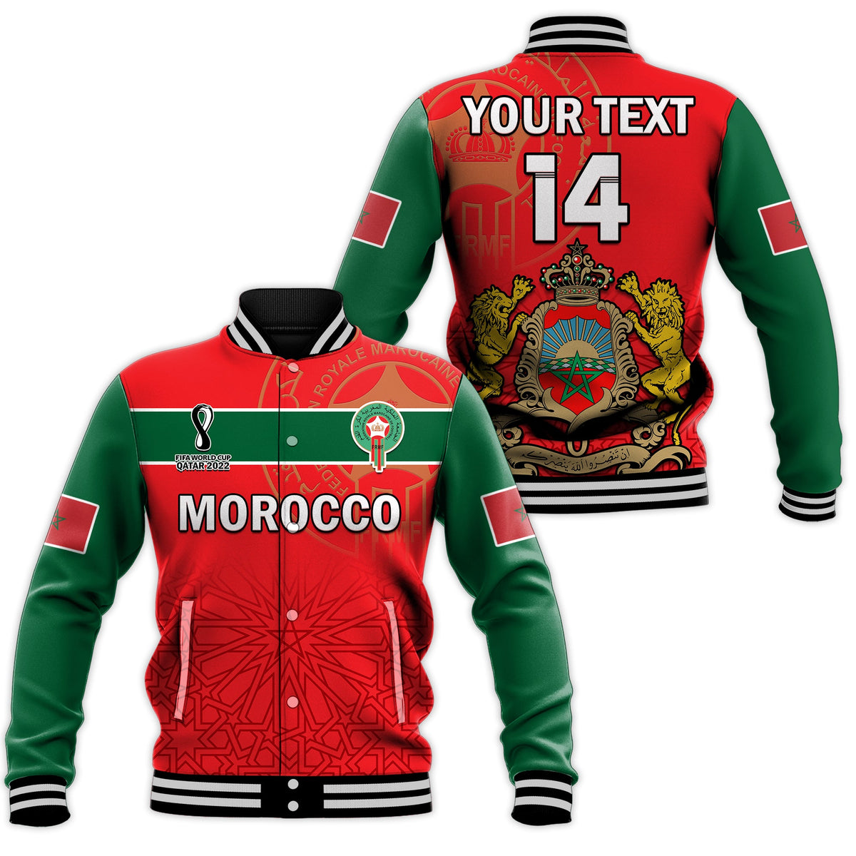 (Custom Text and Number) Morocco Football Basseball Jacket Atlas Lions Red World Cup 2022 - Wonder Print Shop