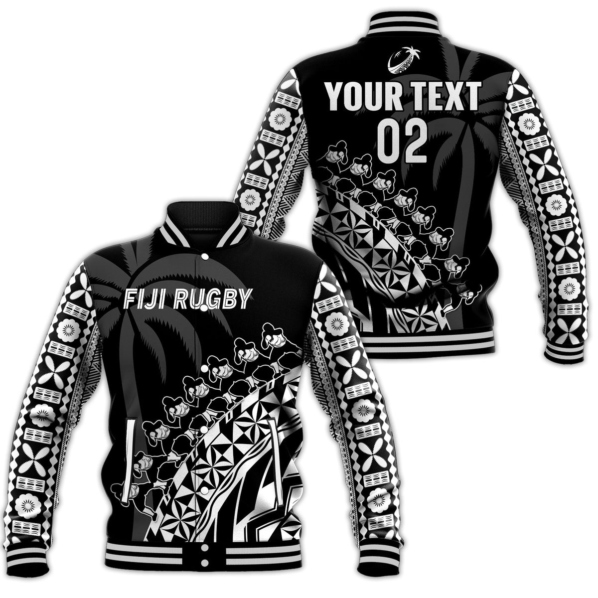 Custom Text And Number Fiji Rugby Baseball Jacket Fijian Cibi Dance Tapa Pattern Black - Wonder Print Shop