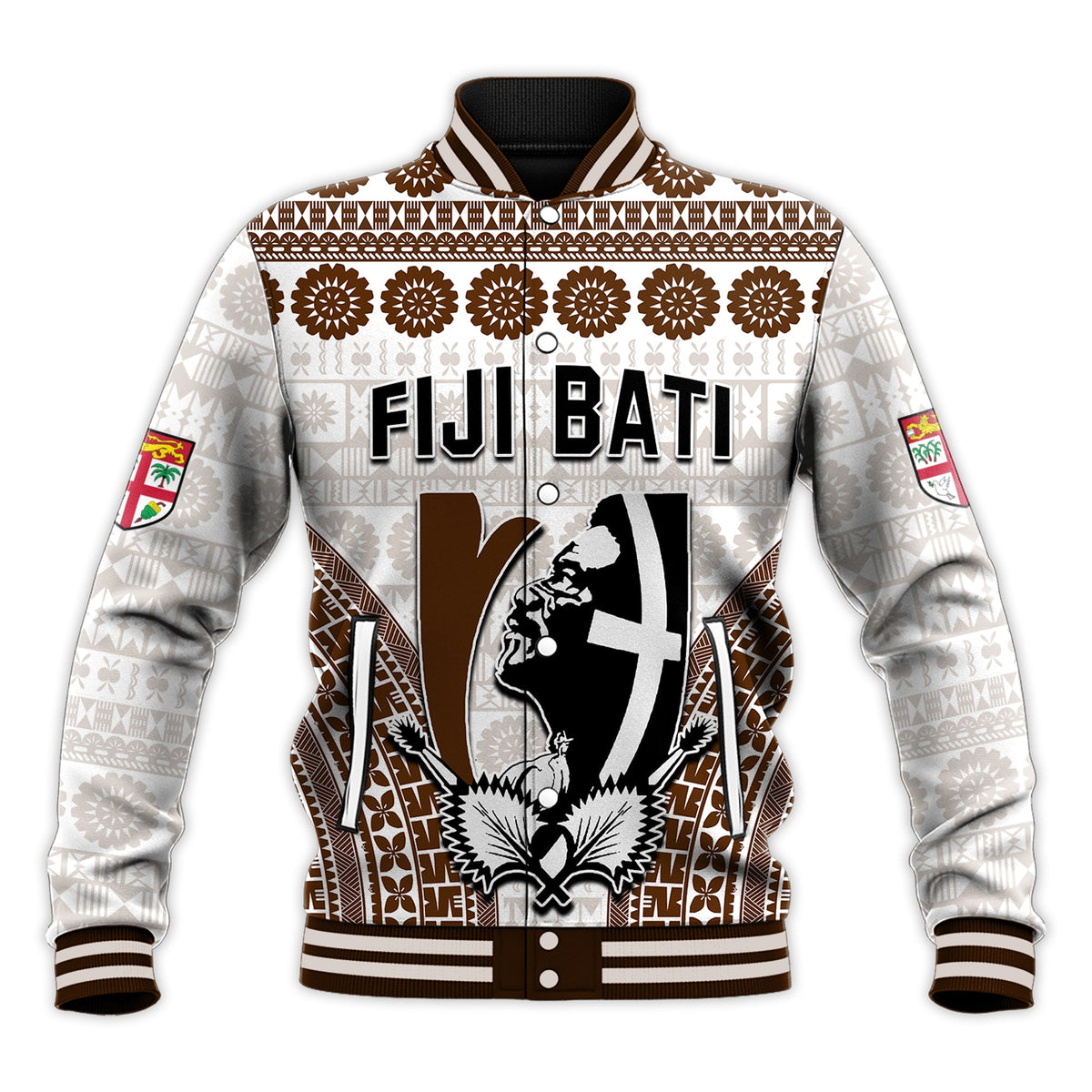 White baseball jacket with “FIJI BATI” front graphic and shield emblem