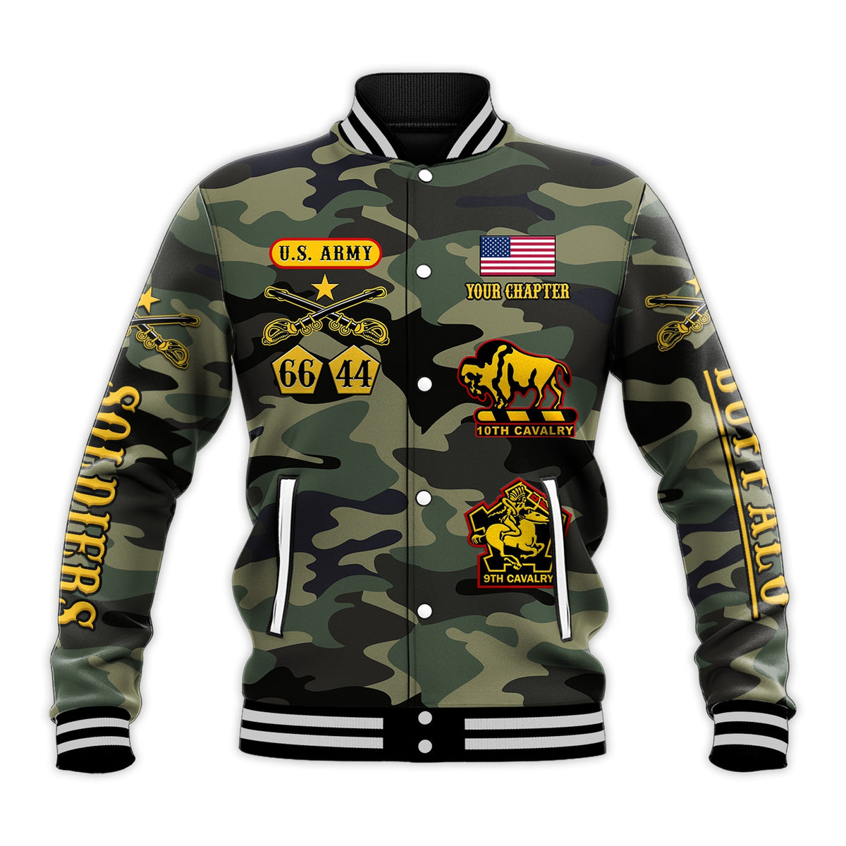 Camouflage baseball jacket front, U.S. Army patch, U.S. flag, “Your Chapter” snap