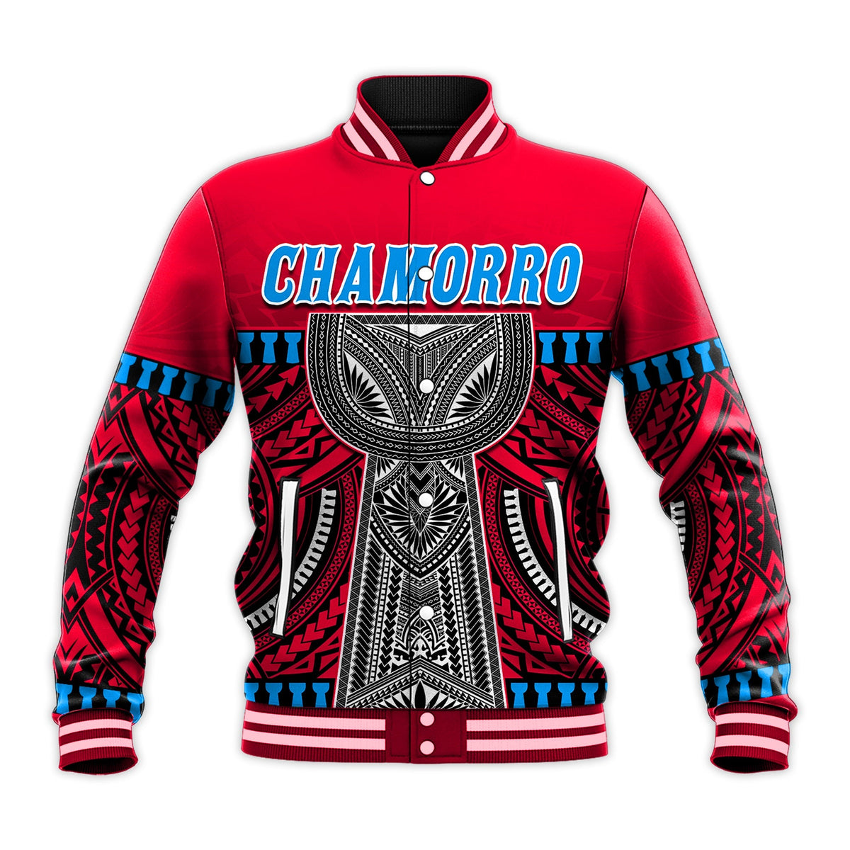 (Custom Personalised) Guam Chamorro Baseball Jacket Latte Stone Red Polynesian Haligi LT13 - Wonder Print Shop
