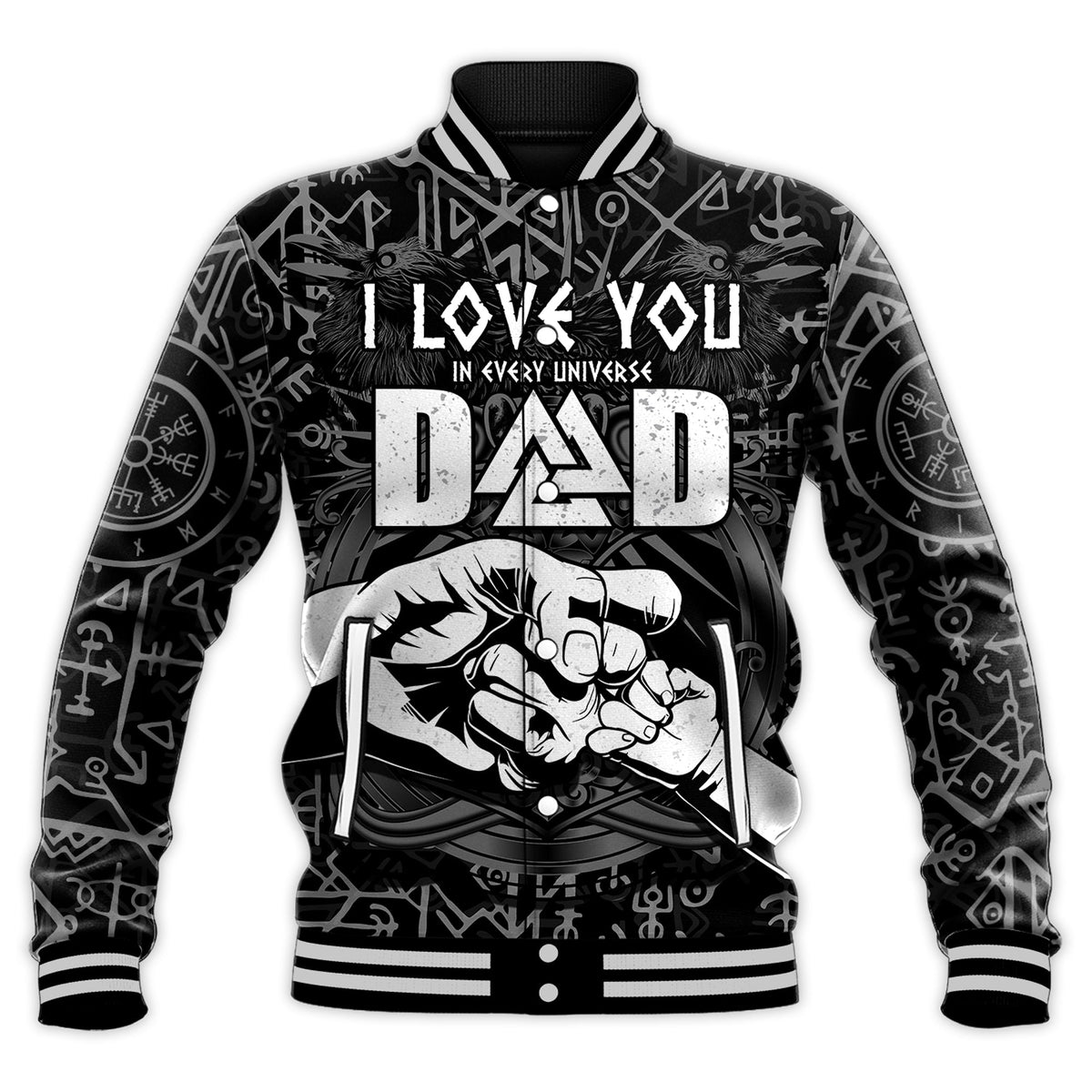 Black varsity baseball jacket front with 'I love you Dad' and Viking rune graphics