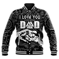 Black varsity baseball jacket front with 'I love you Dad' and Viking rune graphics