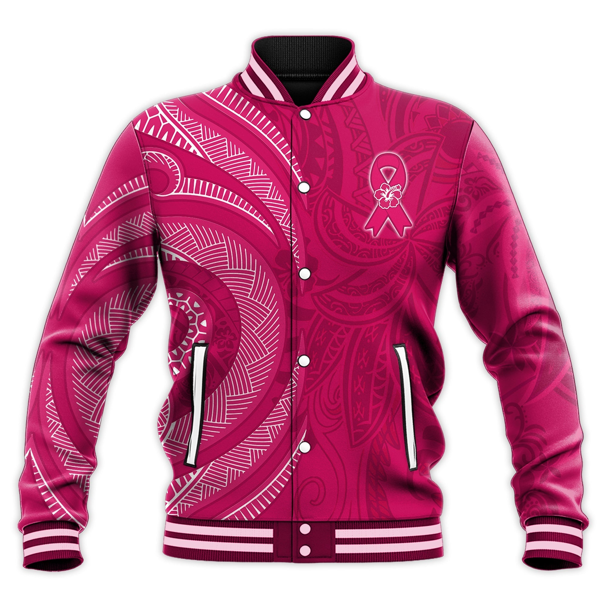 Breast Cancer Awareness Baseball Jacket Hibiscus Polynesian No One Fights Alone LT13 - Wonder Print Shop