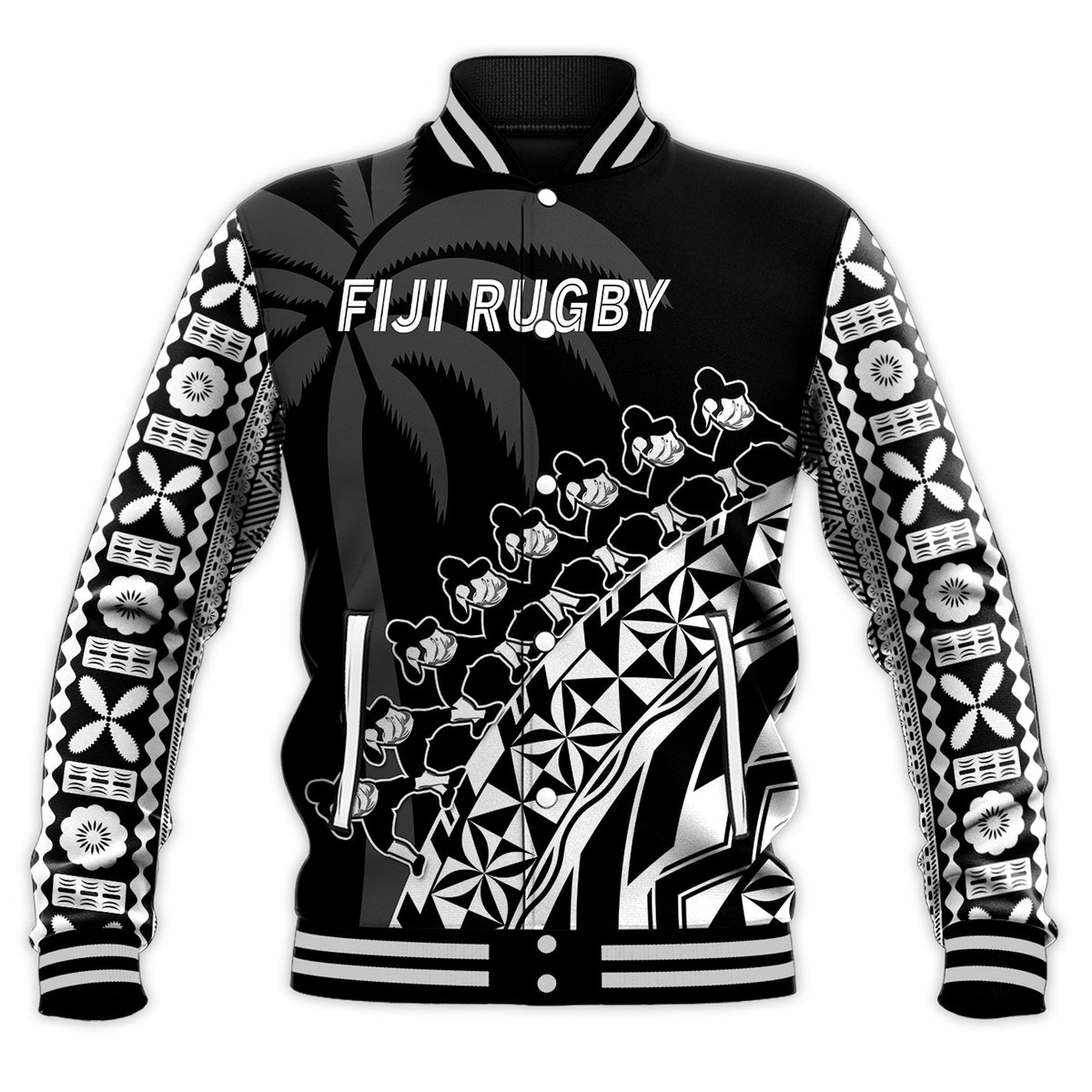 Fiji Rugby Baseball Jacket Fijian Cibi Dance Tapa Pattern Black - Wonder Print Shop