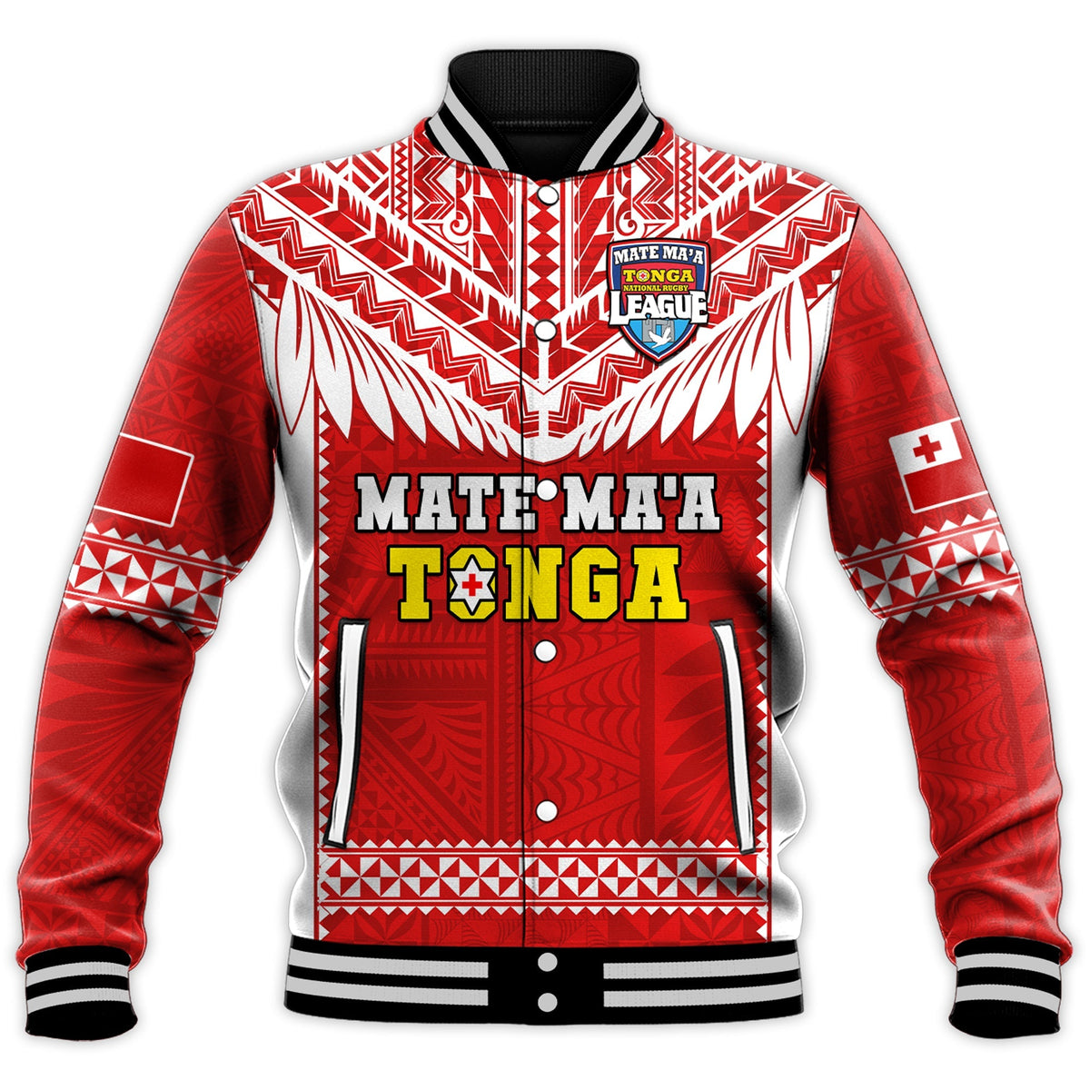 Custom Text And Number Tonga Rugby Baseball Jacket Mate Maa Tonga Pacific Ngatu White - Wonder Print Shop