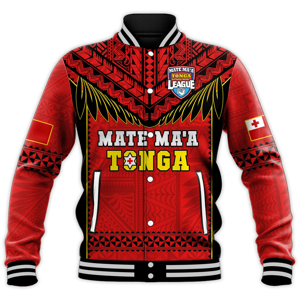 Tonga Rugby Baseball Jacket Mate Maa Tonga Pacific Ngatu Black - Wonder Print Shop