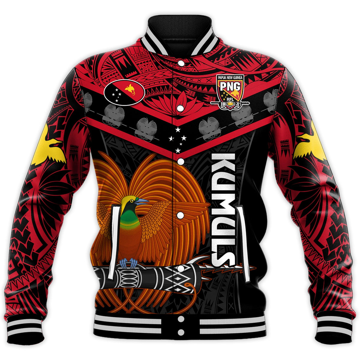 Custom Text And Number Papua New Guinea Rugby Baseball Jacket PNG Kumuls Bird Of Paradise Black - Wonder Print Shop