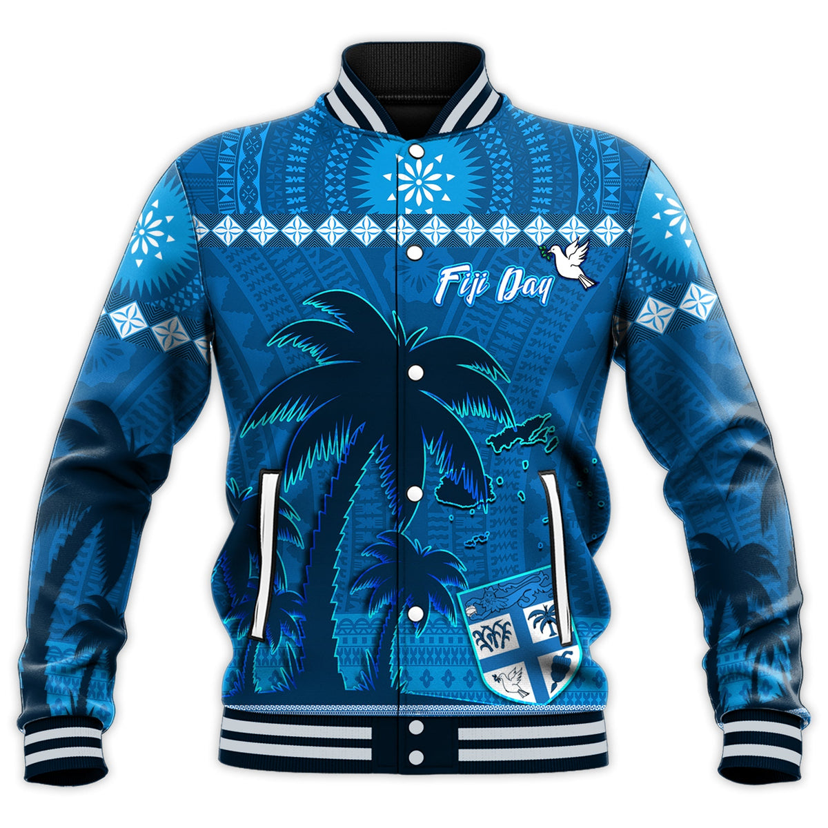 Bula Fiji Day Baseball Jacket Fijian Tapa with Palm Tree 52nd Anniversary LT13 - Wonder Print Shop