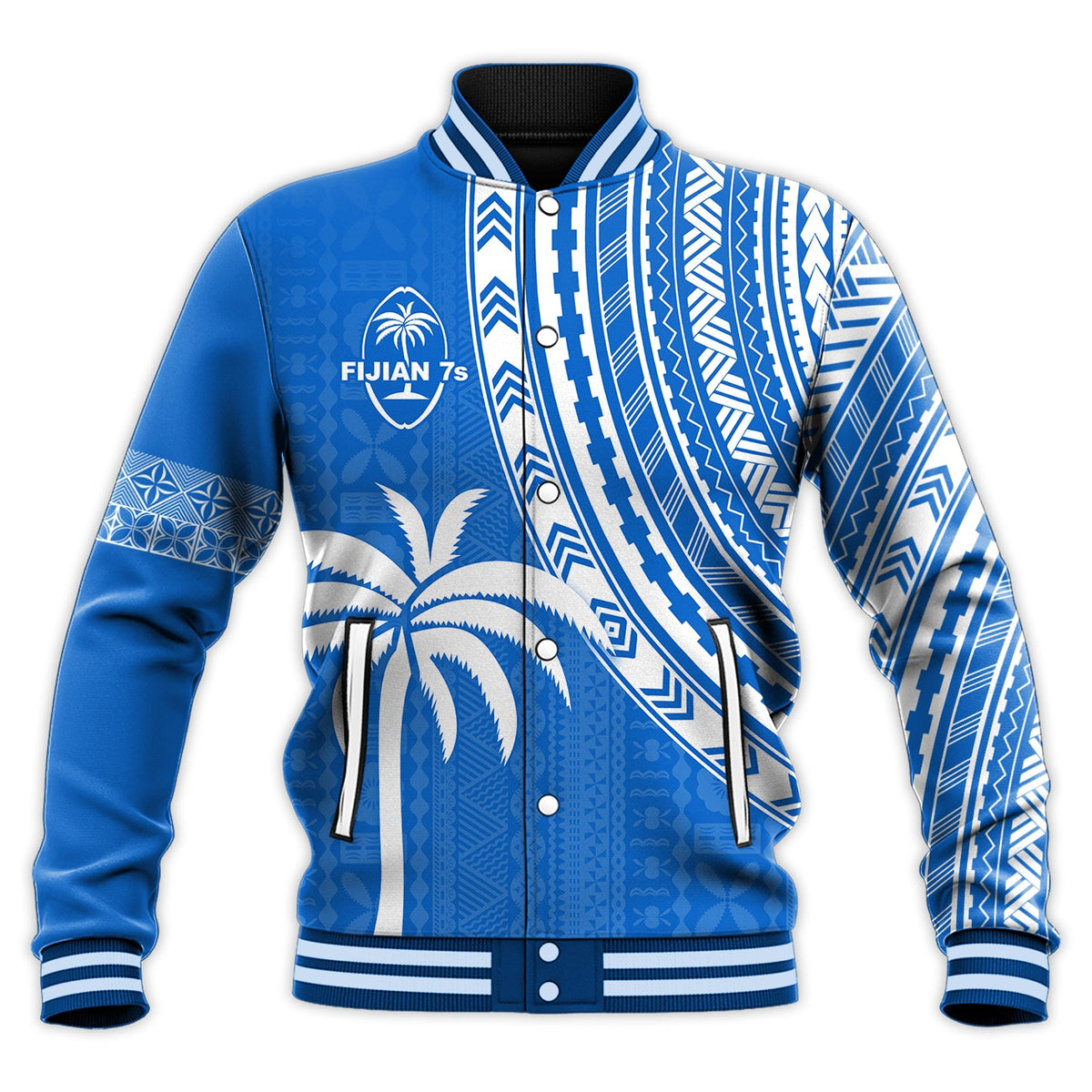 Custom Text and Number Fiji Rugby Sevens Baseball Jacket Fijian 7s Tapa Polynesian Blue Ver.01 LT13 - Wonder Print Shop