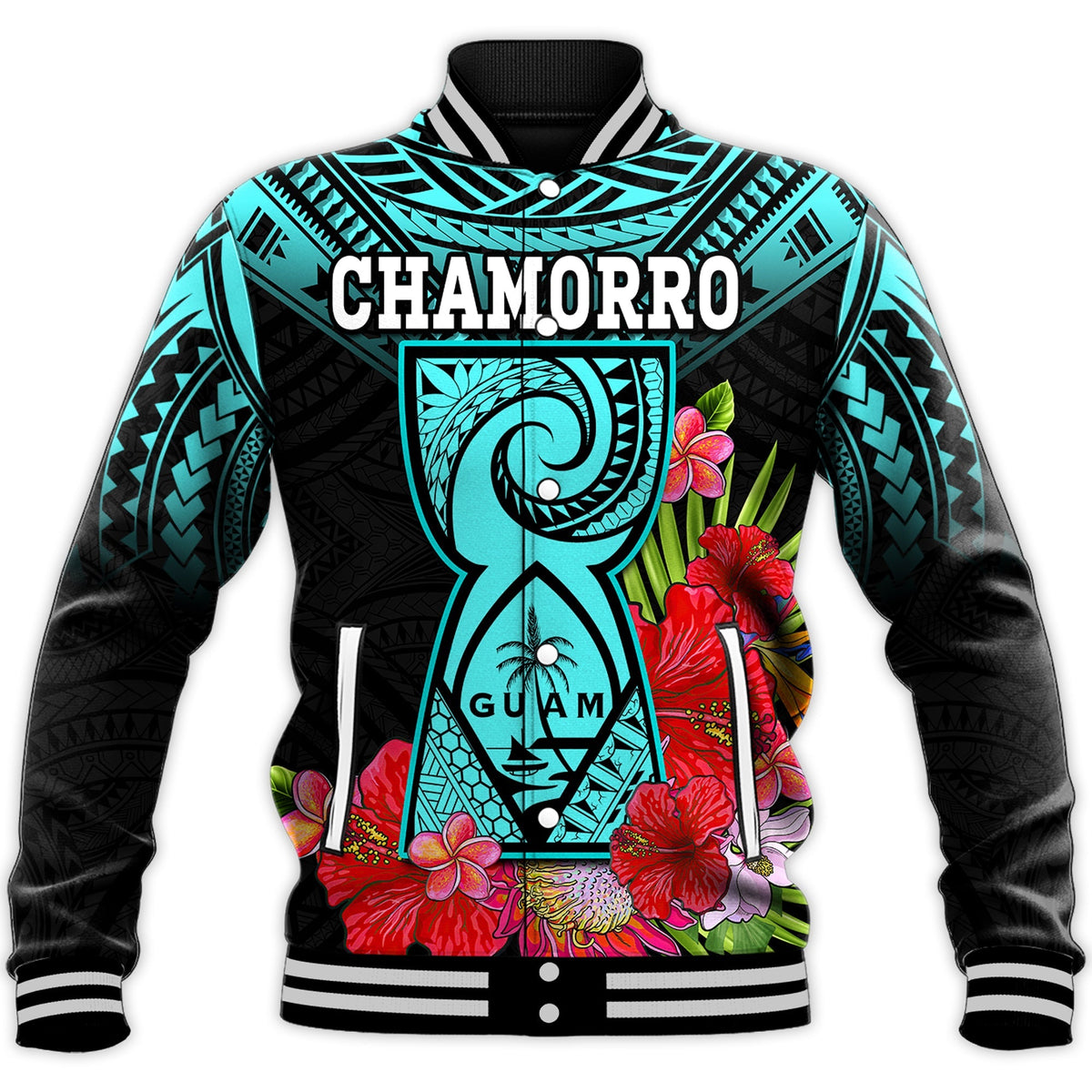 Custom Personalised Guam Chamorro Baseball Jacket Guaman Latte Stone Tropical Flowers Turquoise Style - Wonder Print Shop