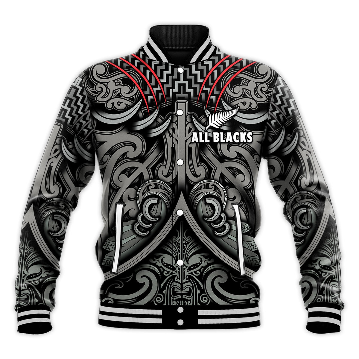 Custom Text and Number New Zealand Silver Fern Rugby Baseball Jacket All Black NZ Maori Pattern LT13 - Wonder Print Shop