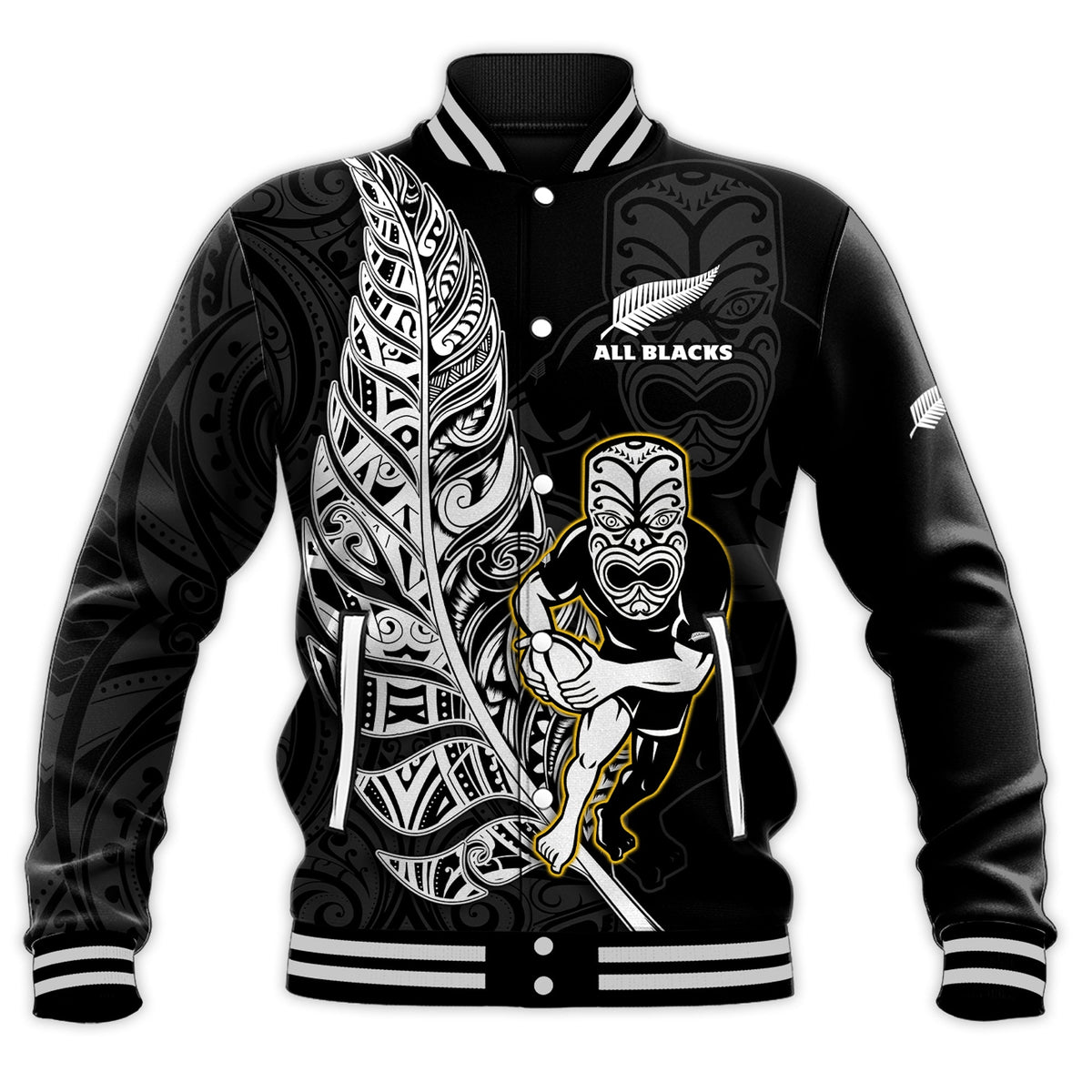 Custom Text And Number New Zealand 2022 Rugby Baseball Jacket All Black Silver Fern Maori Pattern Version Black - Wonder Print Shop