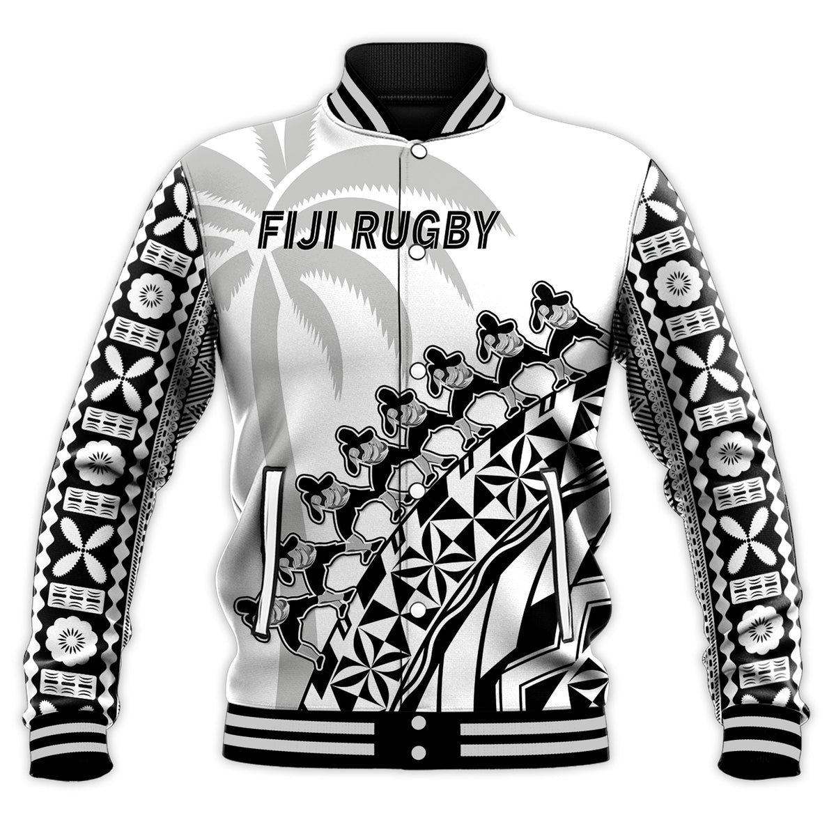Fiji Rugby Baseball Jacket Fijian Cibi Dance Tapa Pattern White - Wonder Print Shop
