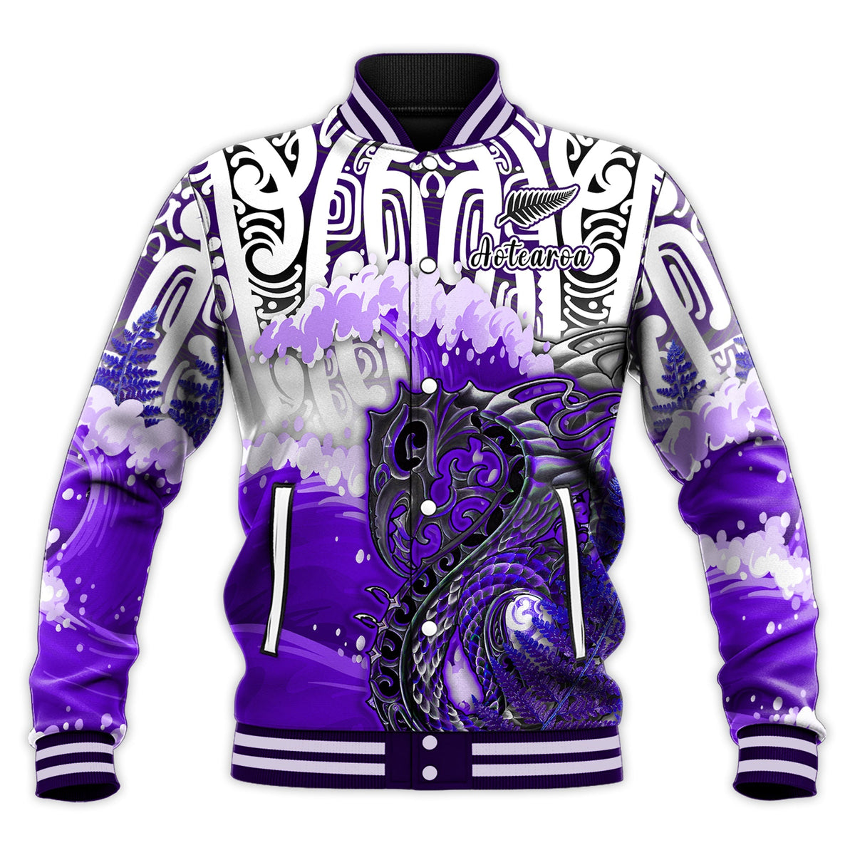 Custom Personalised Manaia Maori Baseball Jacket Fern Aotearoa Purple Waves LT13 - Wonder Print Shop