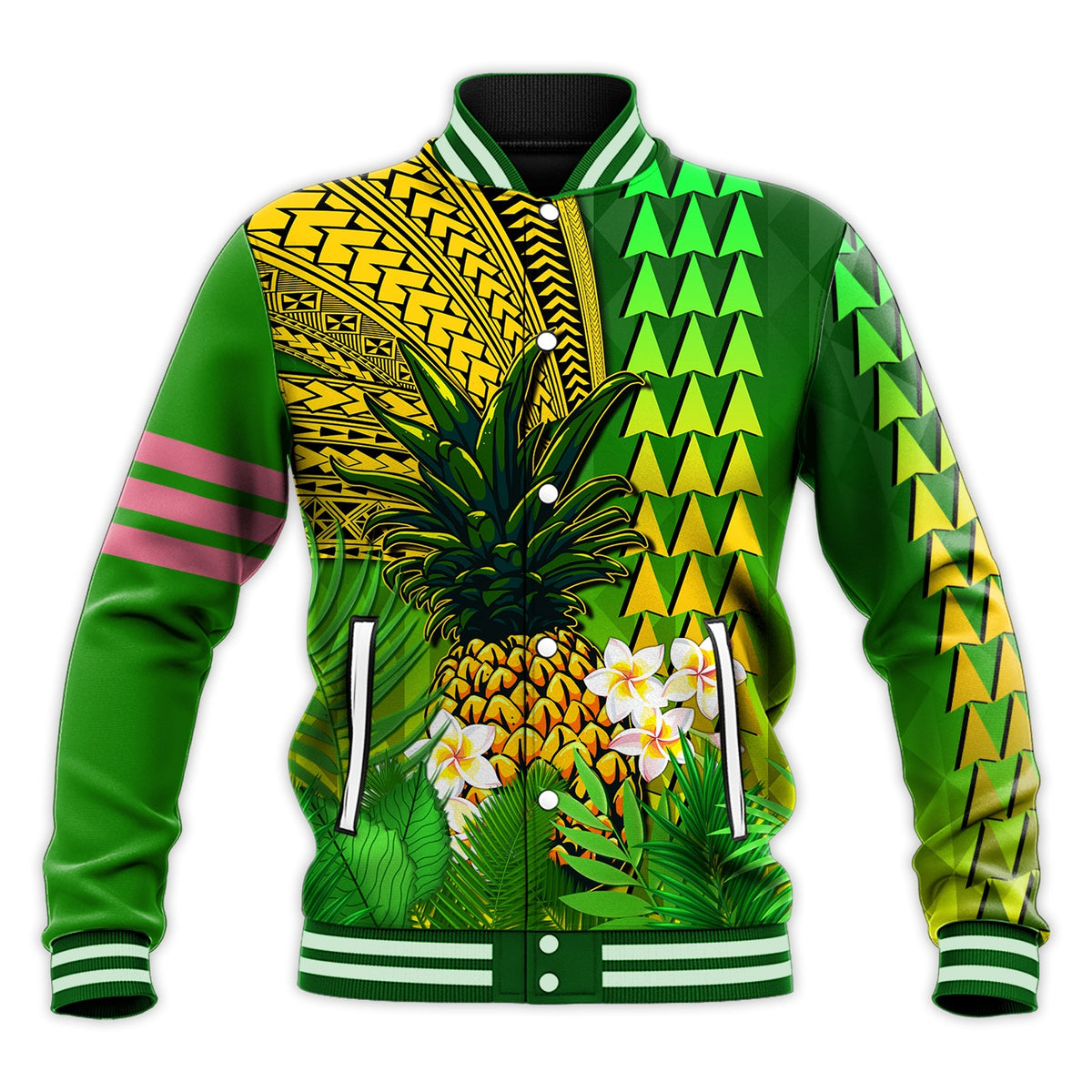 Hawaii Pineapple Baseball Jacket Plumeria Frangipani Mix Tribal Pattern LT13 - Wonder Print Shop