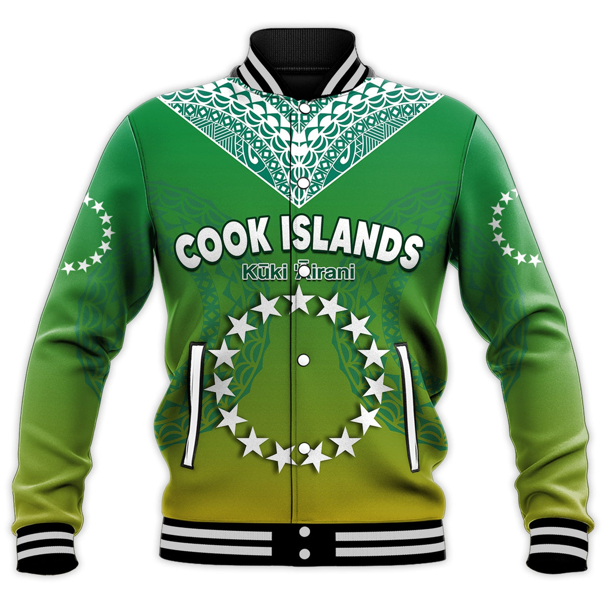 Custom Personalised Cook Islands Baseball Jacket Circle Pattern Mix Sea Turtle Green Version - Wonder Print Shop