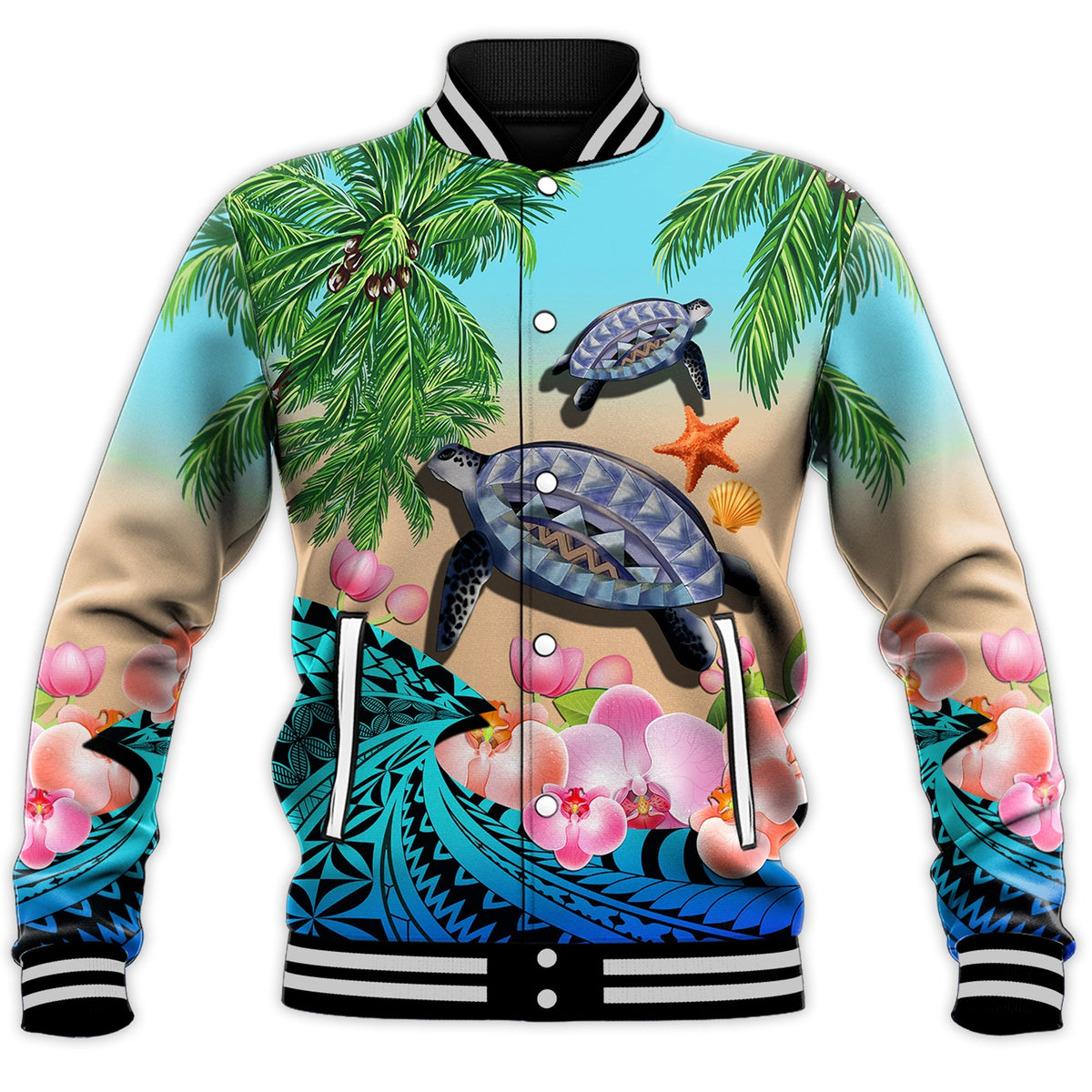 Polynesian Turtle Coconut Tree And Orchids Baseball Jacket - Wonder Print Shop