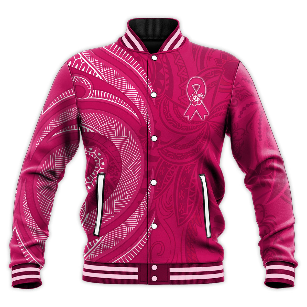 Custom Personalised Breast Cancer Awareness Baseball Jacket Hibiscus Polynesian No One Fights Alone LT13 - Wonder Print Shop