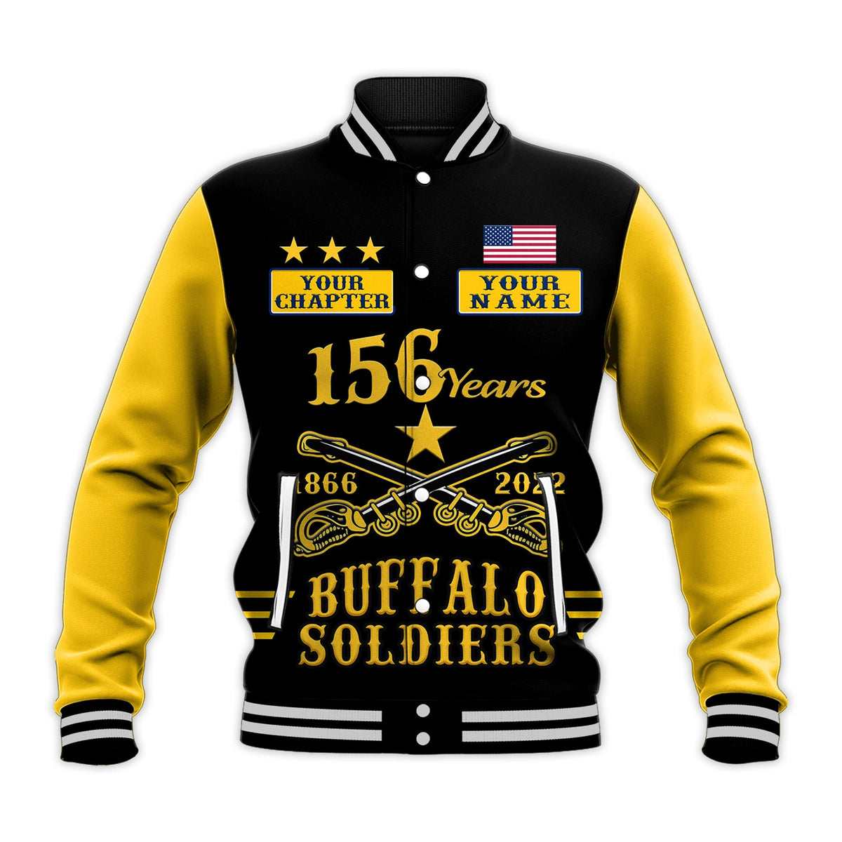 Baseballjacke schwarz-gelb mit 156 Years-Print, Your Chapter und Your Name, Druck