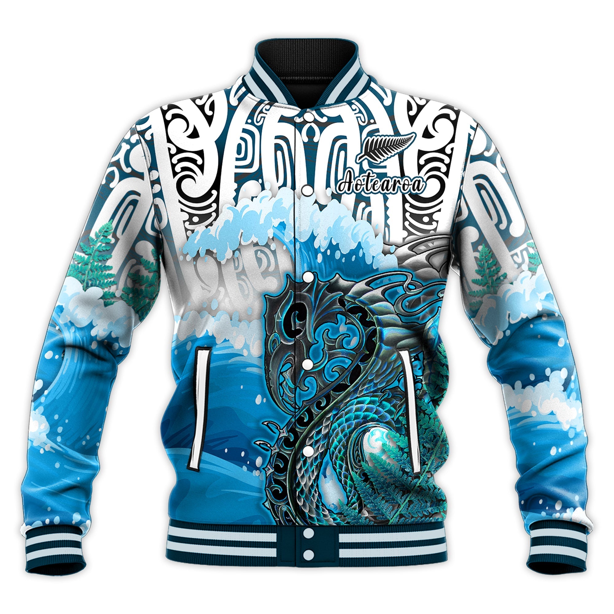 Custom Personalised Manaia Maori Baseball Jacket Fern Aotearoa Blue Waves LT13 - Wonder Print Shop