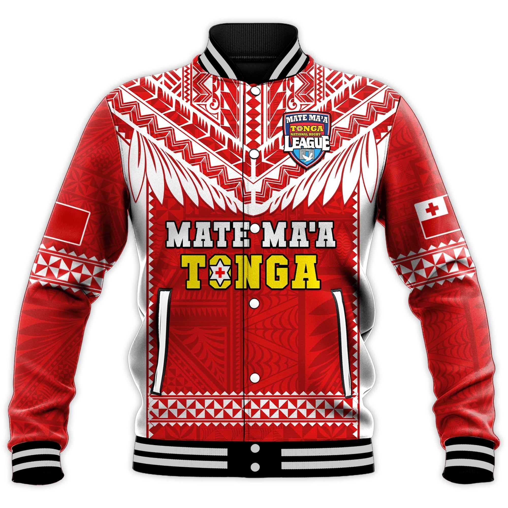 Tonga Rugby Baseball Jacket Mate Maa Tonga Pacific Ngatu White - Wonder Print Shop