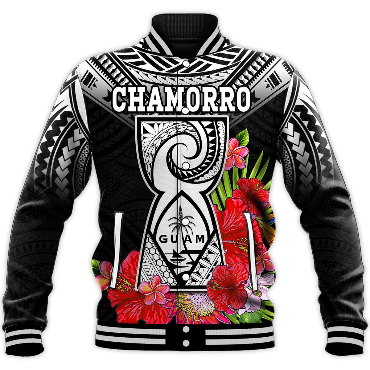 Custom Personalised Guam Chamorro Baseball Jacket Guaman Latte Stone Tropical Flowers Black Style - Wonder Print Shop