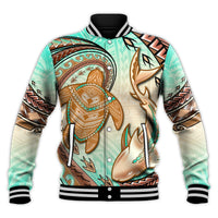 Hawaii Baseball Jacket Polynesian Shark And Sea Turtle Dreamy Turquoise Artsy - Wonder Print Shop