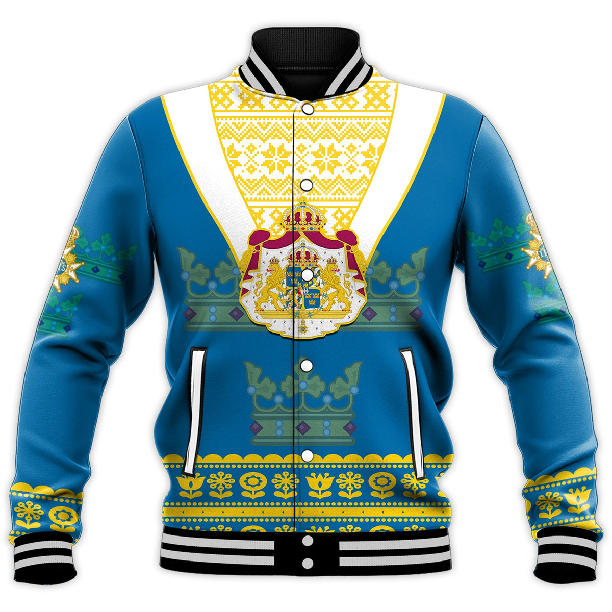 Sweden Baseball Jacket Swedish Coat Of Arms With Scandinavian Flowers - Wonder Print Shop