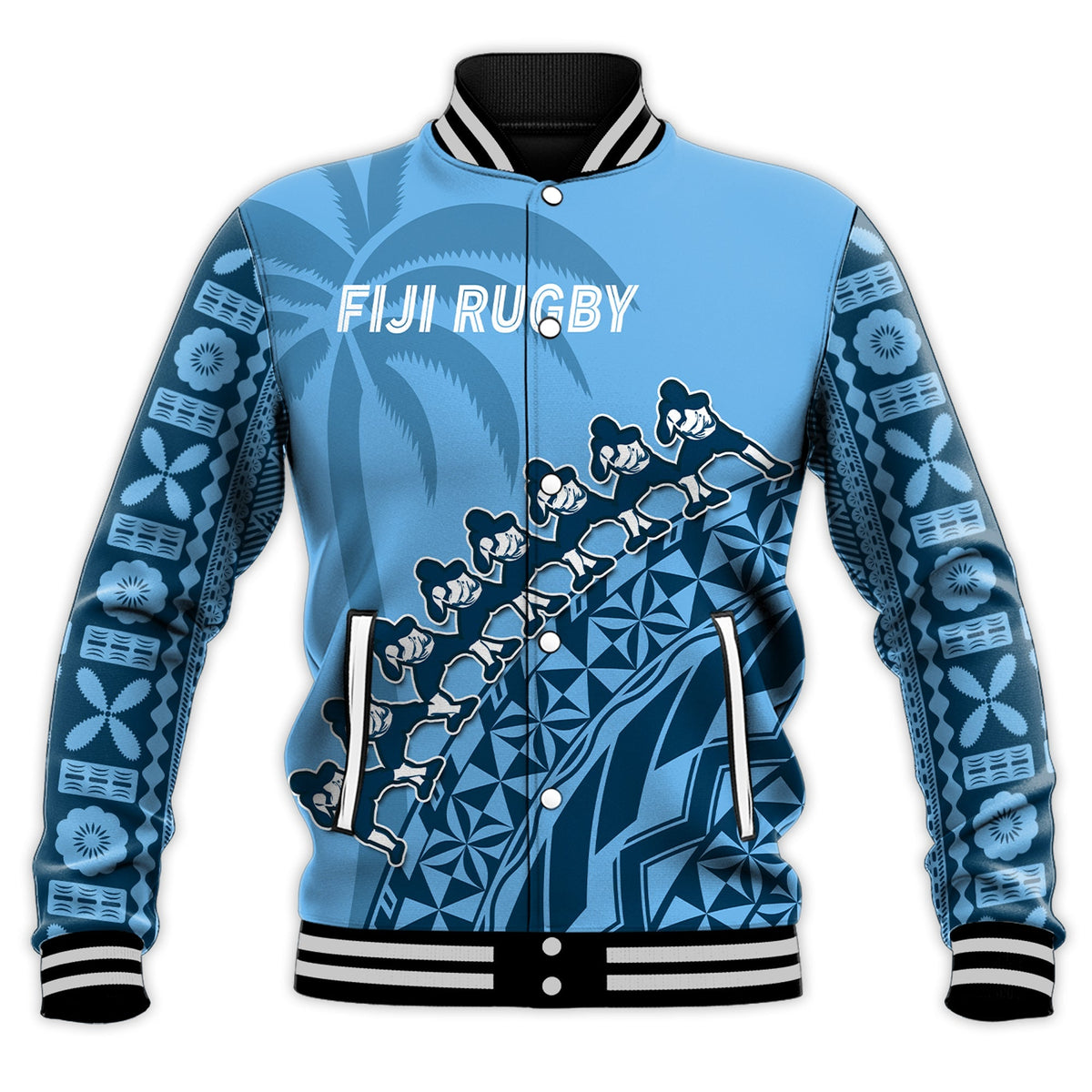 Custom Text And Number Fiji Tapa Rugby Baseball Jacket Fijian Cibi Dance Tapa Pattern Blue - Wonder Print Shop