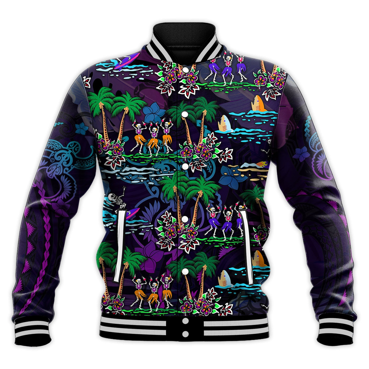 Custom Personalised Hawaii Skeleton Dancing Baseball Jacket Halloween Hawaiian Turtle LT13 - Wonder Print Shop