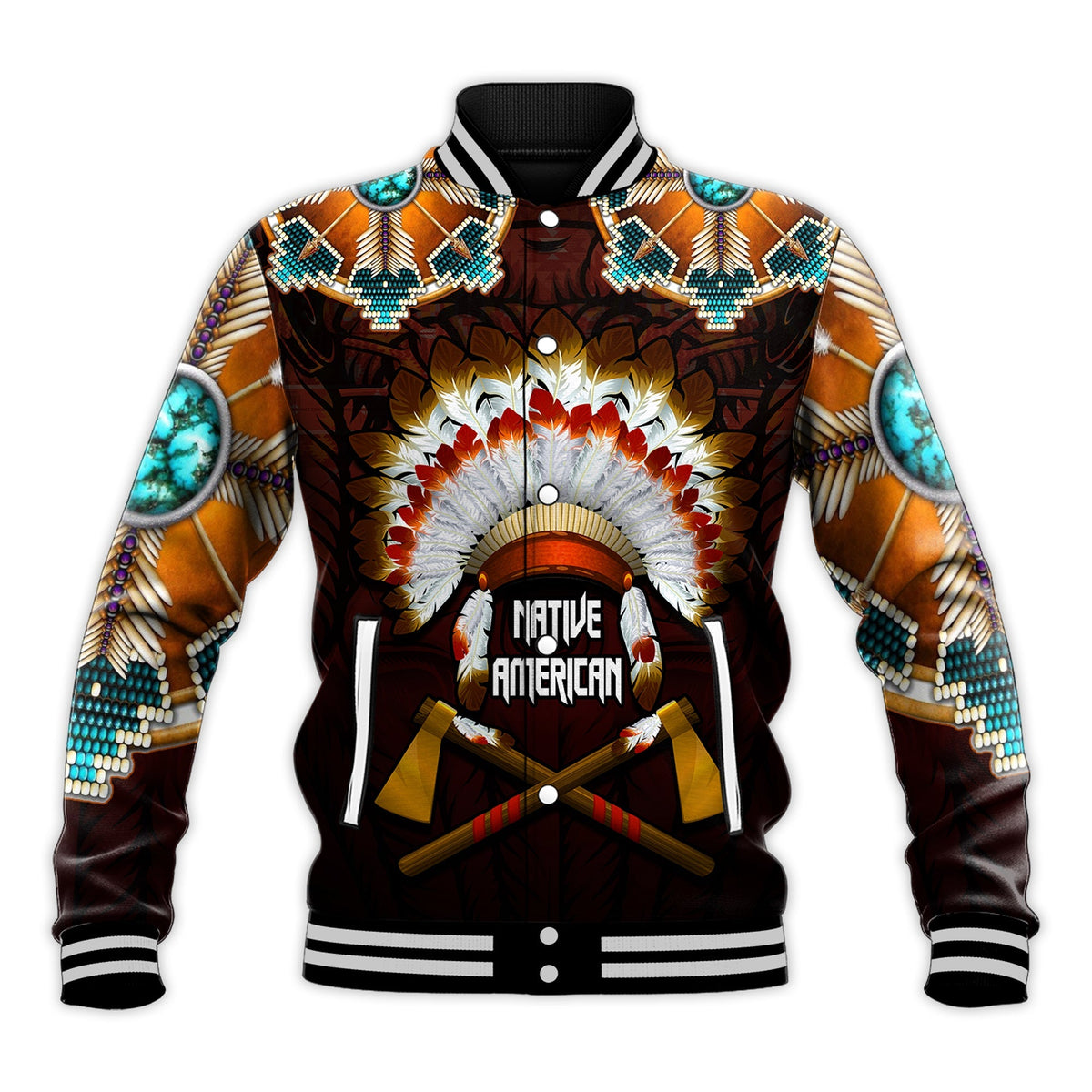 Black front varsity baseball jacket with Native American crest, teal bead-style sleeves