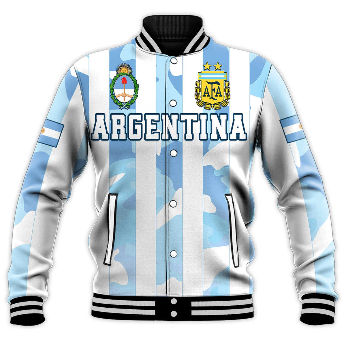 Unisex Baseballjacke blau-weiße Streifen mit Camouflage, Front 'ARGENTINA', AFA-Emblem