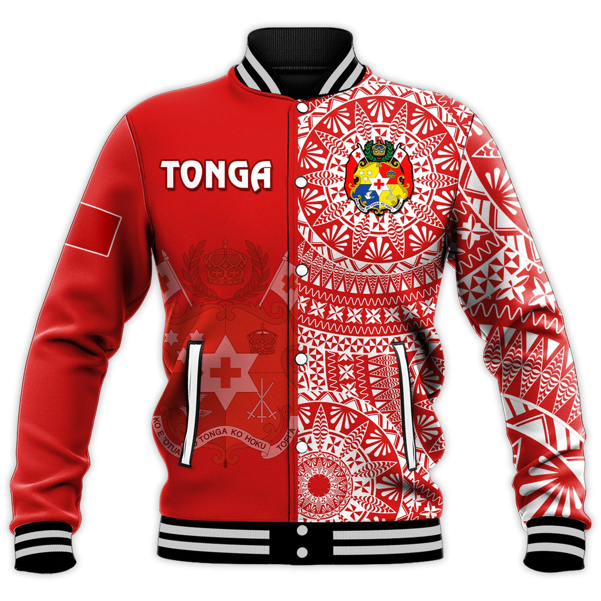 Custom Text And Number Tonga Baseball Jacket Tongan Coat Of Arms Ngatu Pattern - Wonder Print Shop