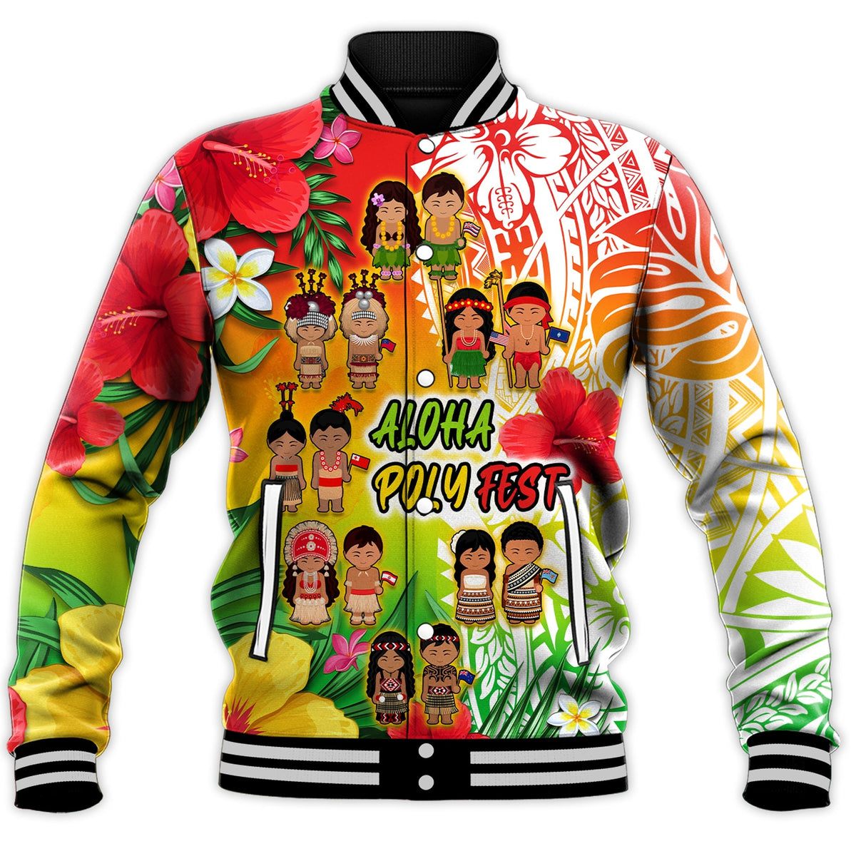 Custom Personalised Aloha Poly Fest Baseball Jacket Polynesian Pattern With Tropical Flowers - Wonder Print Shop