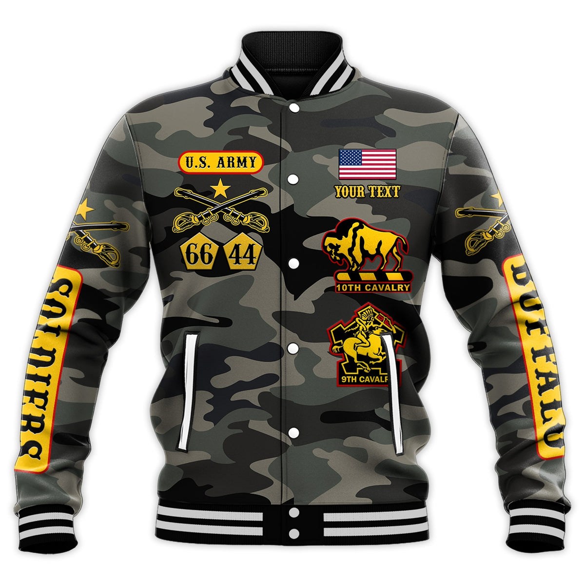 Camouflage unisex baseball jacket, stand collar, snap front, graphic patches, text on sleeves