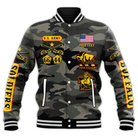 Camouflage unisex baseball jacket, stand collar, snap front, graphic patches, text on sleeves