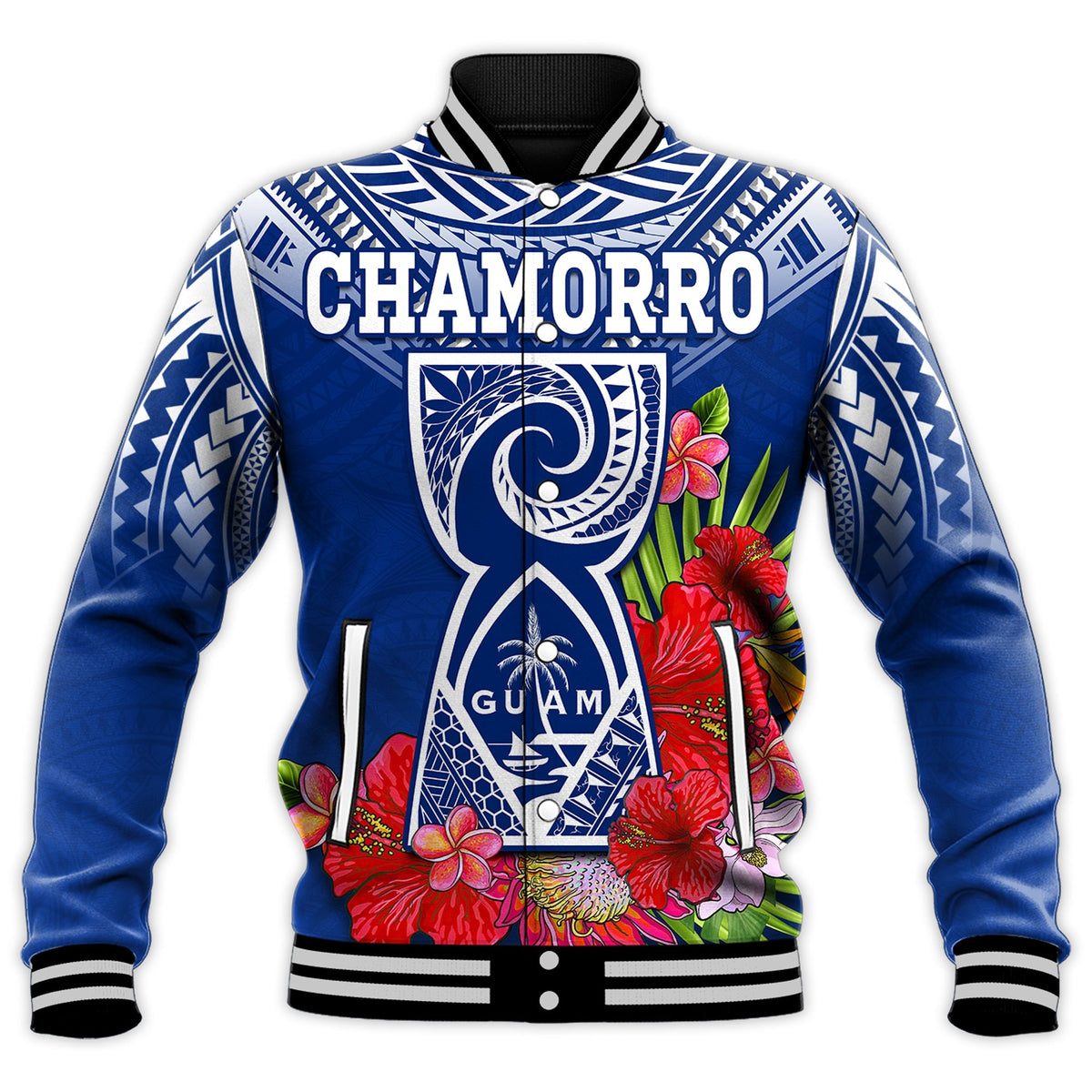 Custom Personalised Guam Chamorro Baseball Jacket Guaman Latte Stone Tropical Flowers Blue Version - Wonder Print Shop