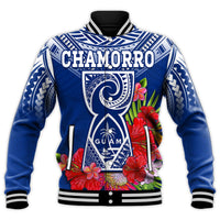 Custom Personalised Guam Chamorro Baseball Jacket Guaman Latte Stone Tropical Flowers Blue Version - Wonder Print Shop