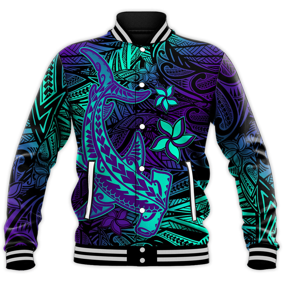 Custom Personalised Polynesian Baseball Jacket Purple Paradise Hawaiian Tribal Hammerhead Shark - Wonder Print Shop
