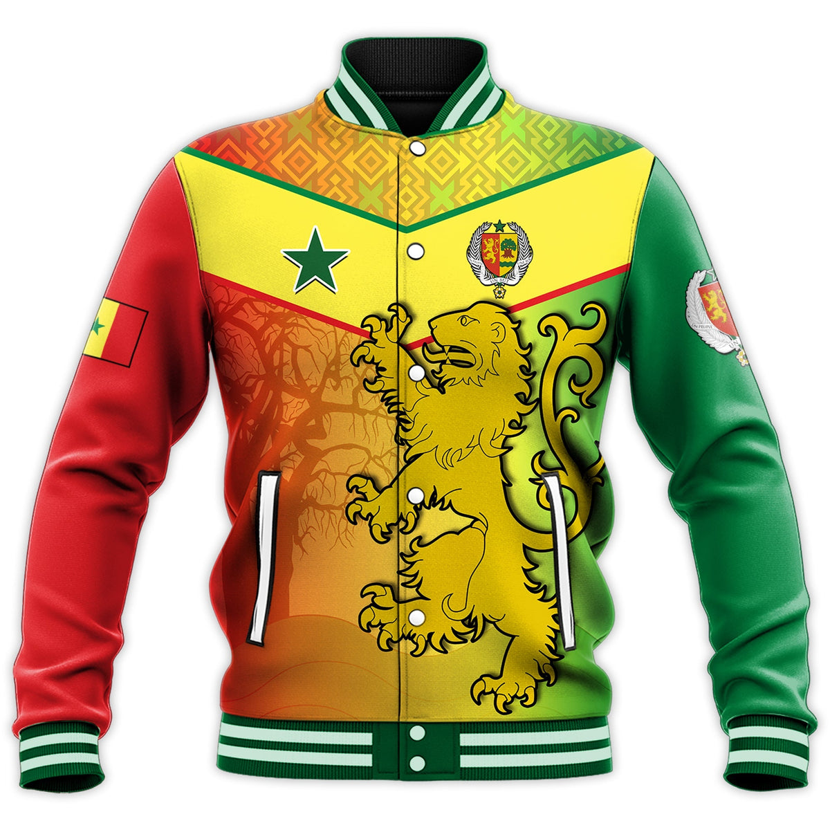 Senegal Baseball Jacket Lion With Senegal Map Reggae Style - Wonder Print Shop