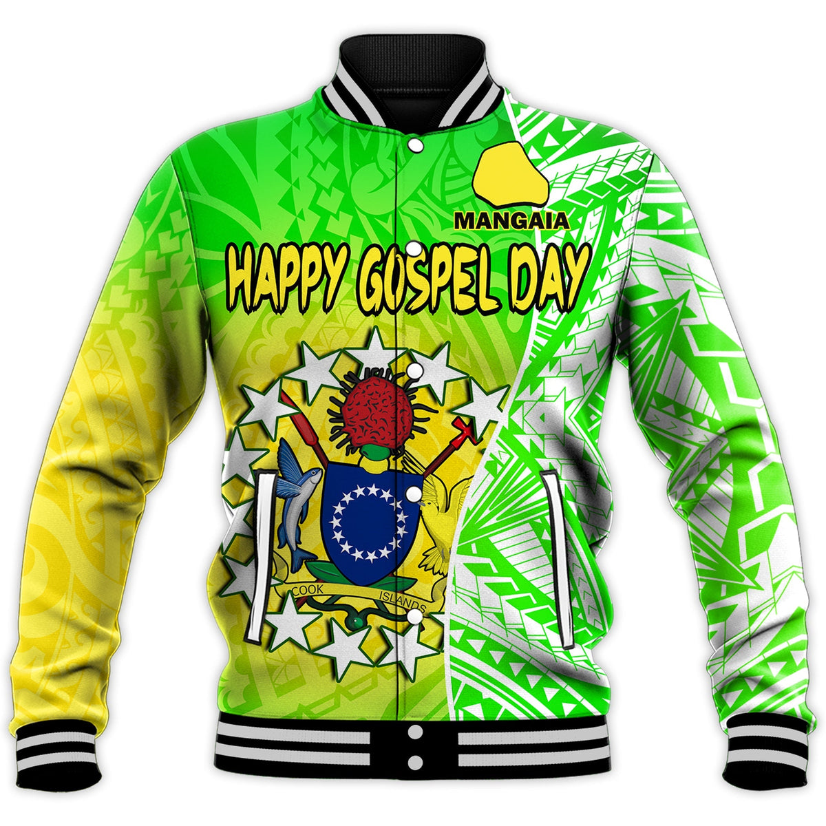 Happy Mangaia Gospel Day Baseball Jacket Cook Islands Coat of Arms Polynesian Pattern - Wonder Print Shop