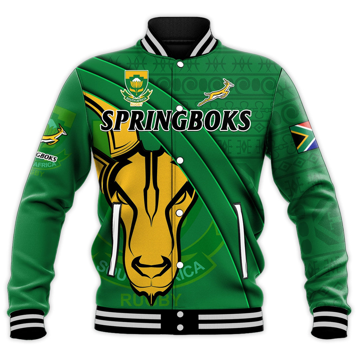 South Africa Rugby Baseball Jacket Bokke Springbok With African Pattern Stronger Together - Wonder Print Shop