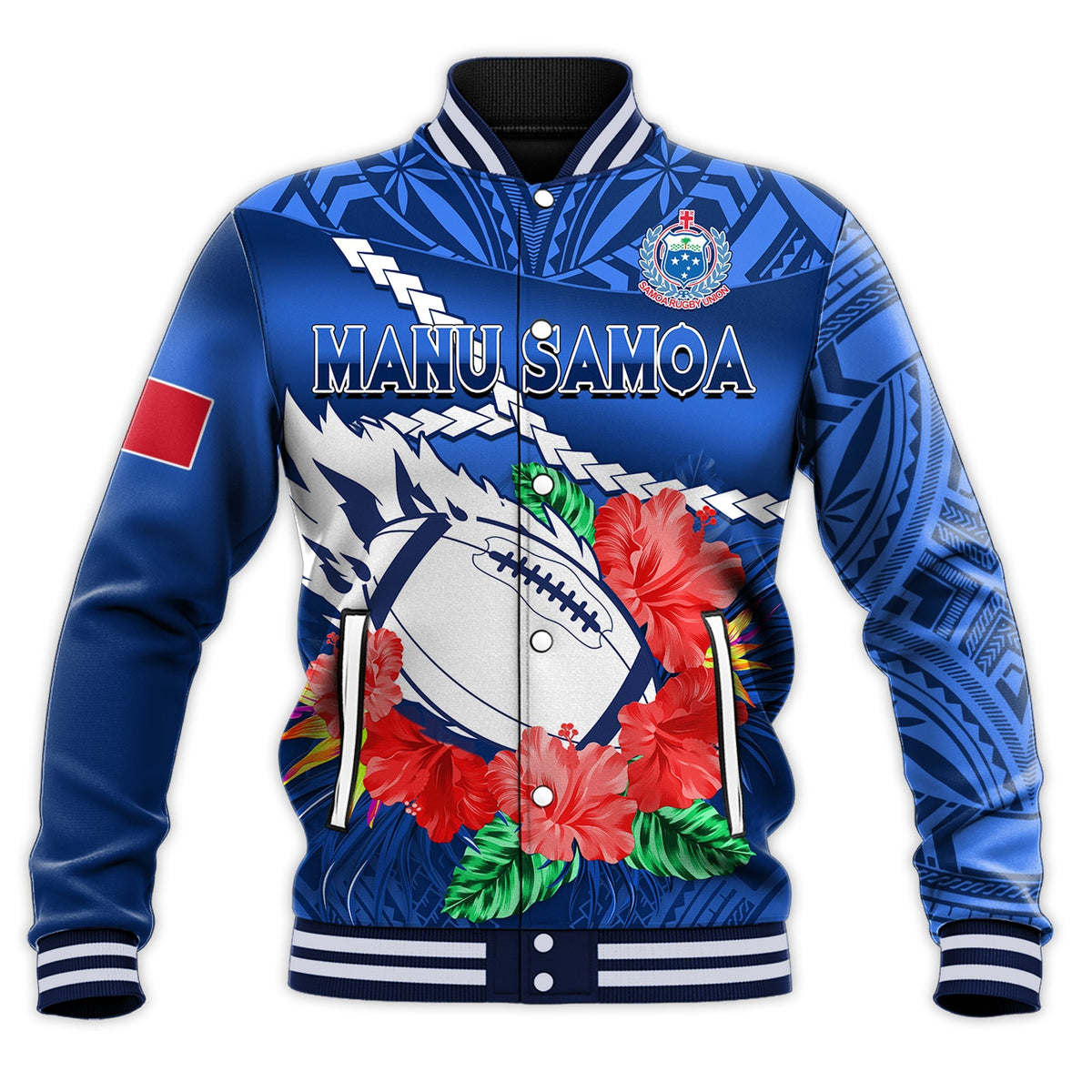 (Custom Text And Number) Samoa Rugby Baseball Jacket Manu Samoa Polynesian Hibiscus Blue Style - Wonder Print Shop