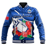 (Custom Text And Number) Samoa Rugby Baseball Jacket Manu Samoa Polynesian Hibiscus Blue Style - Wonder Print Shop