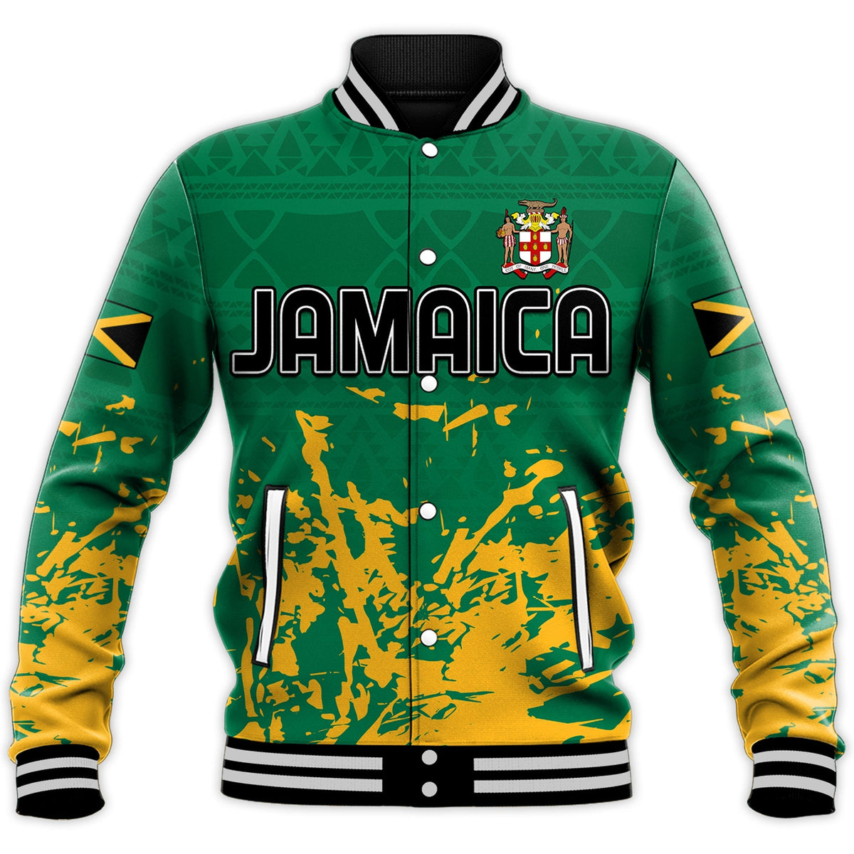Jamaica Athletics Baseball Jacket Jamaican Flag With African Pattern Sporty Style - Wonder Print Shop