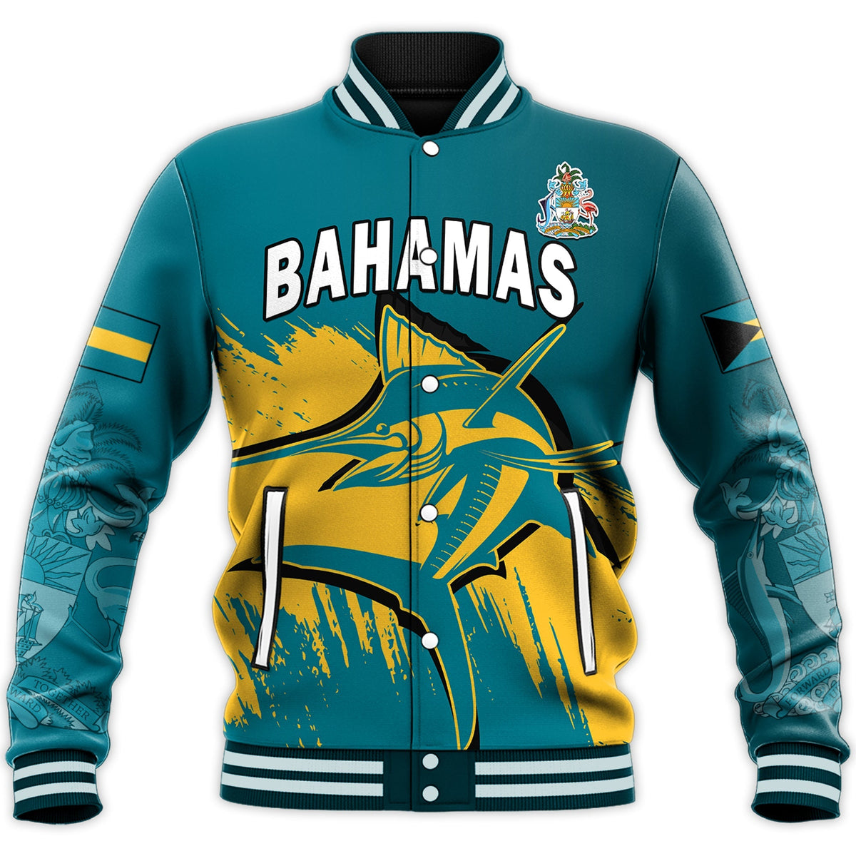 (Custom Personalised) Bahamas Baseball Jacket Blue Marlin With Bahamian Coat Of Arms - Wonder Print Shop