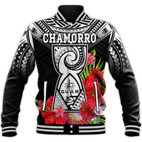 Custom Personalised Guam Chamorro Baseball Jacket Guaman Latte Stone Tropical Flowers Black Style - Wonder Print Shop