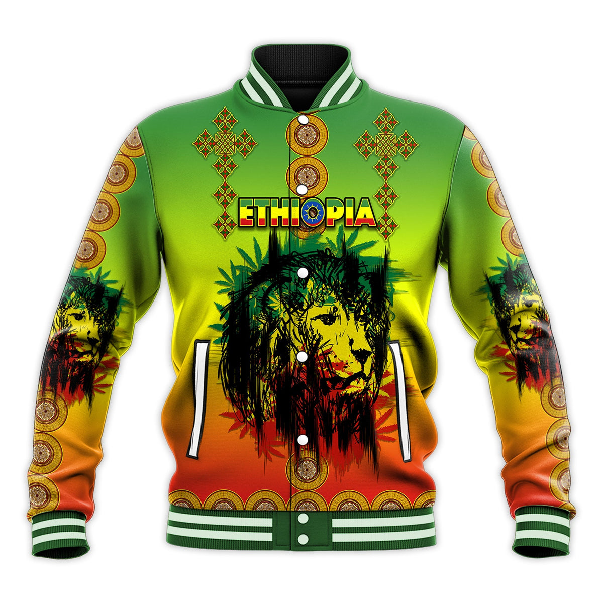 (Custom Personalised) Ethiopia Baseball Jacket Cross Mix Lion Colorful Style - Wonder Print Shop