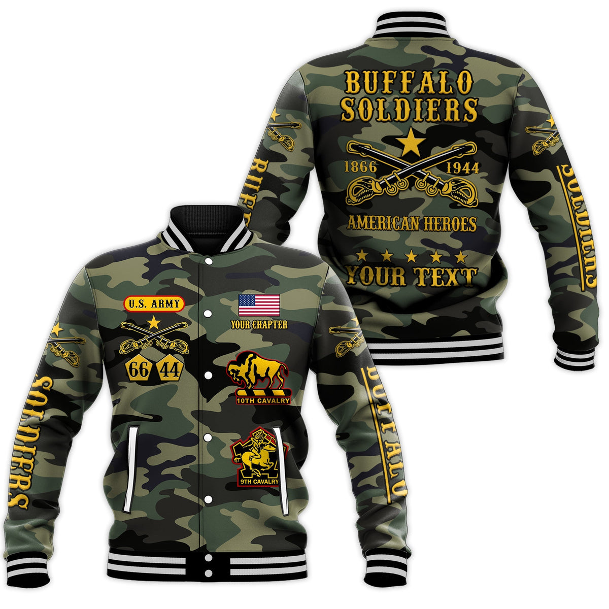 (Custom Text and Chapter) Buffalo Soldiers Baseball Jacket Camouflage American Heroes BSMC LT13 - Wonder Print Shop